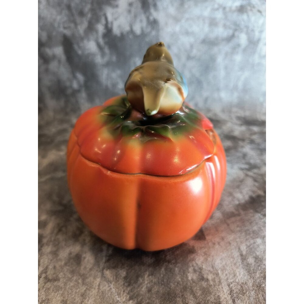 Vintage German Ceramic Pumpkin With Bluebird Lid Decorative Jam Jar